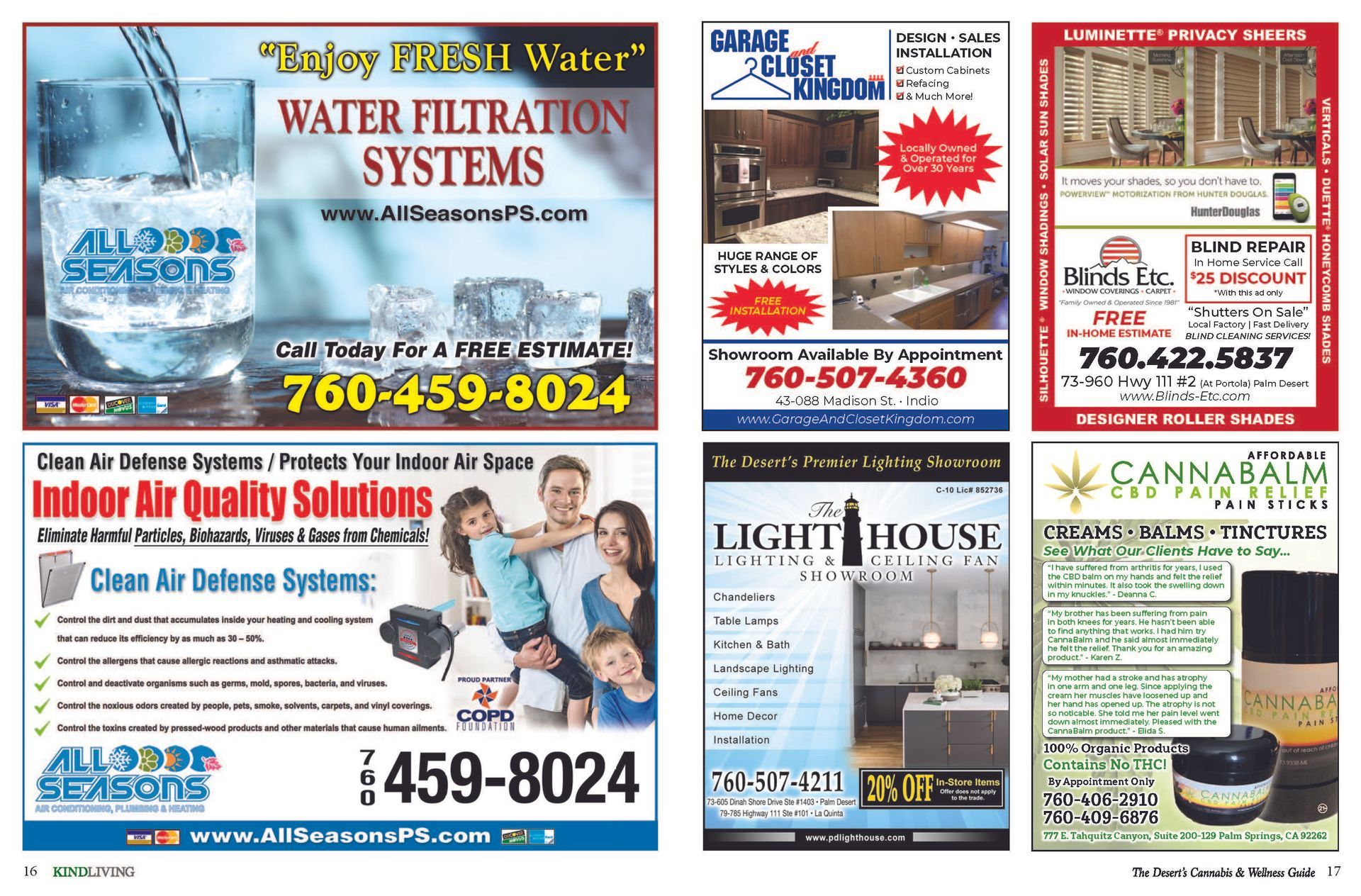 A collage of advertisements for water filtration systems and indoor air quality solutions