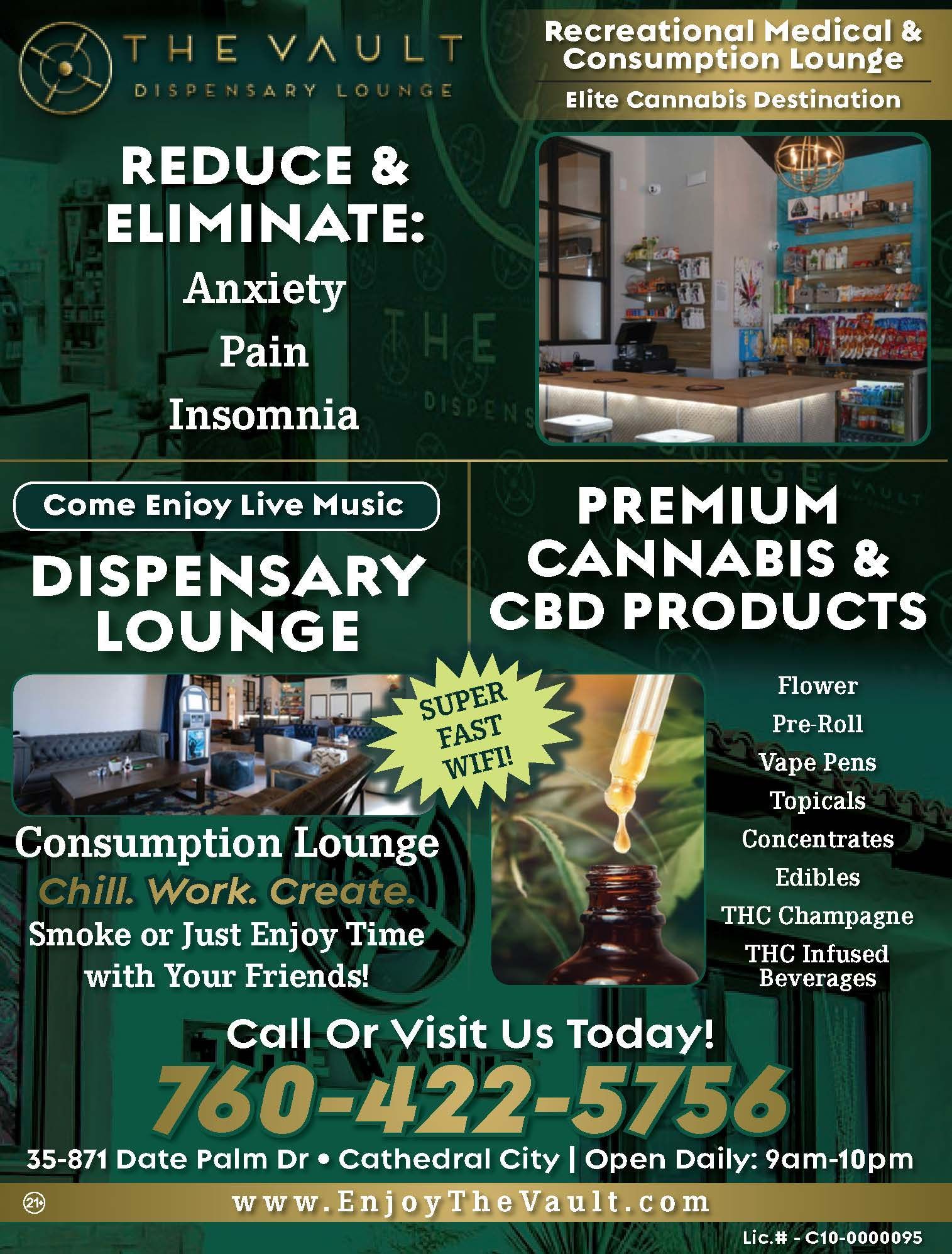 An advertisement for a dispensary lounge with a phone number.