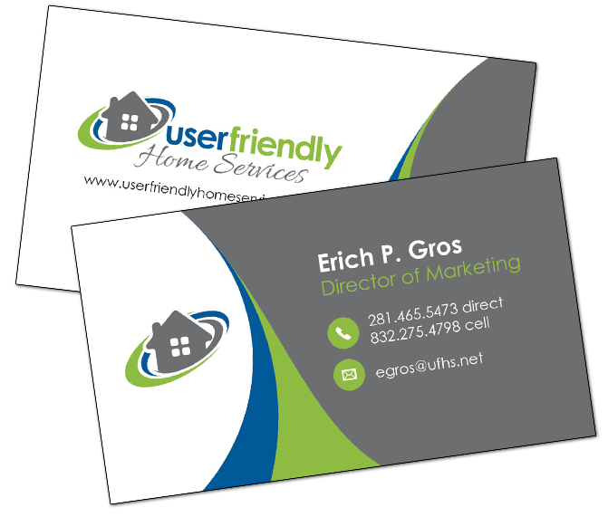 Two business cards for userfriendly home services are stacked on top of each other.