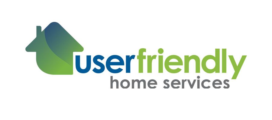 The logo for user friendly home services has a house on it.