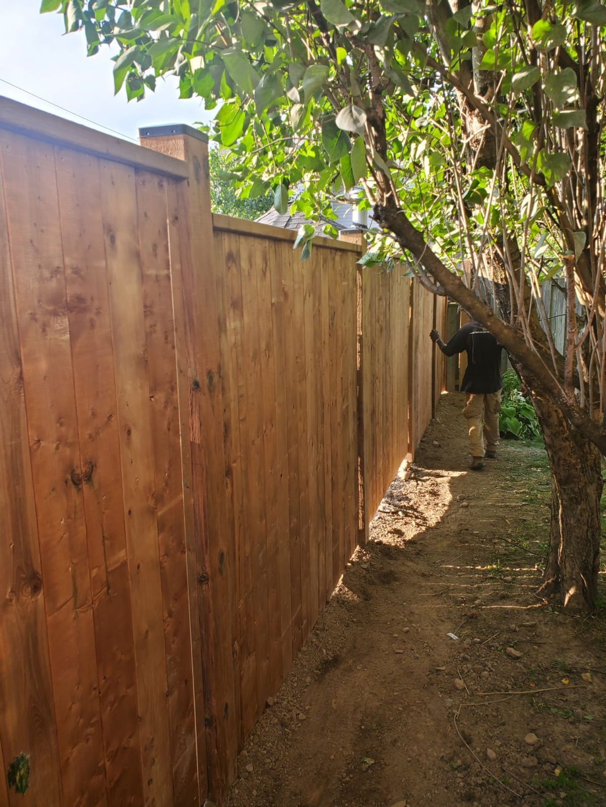 Narrow backyard path beside a wooden fence and trees, with a person working near the far end.