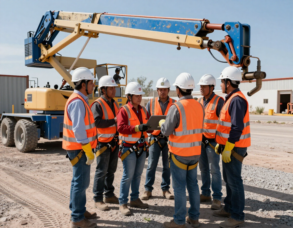 Trabajadores latinoamericanos con EPP completo revisando una plataforma de elevación en Chihuahua