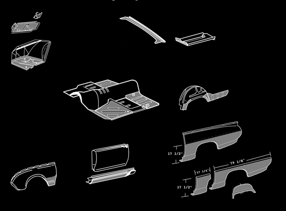 Exploded diagram of car body panels, showing various parts like fenders, floor, and roof components.