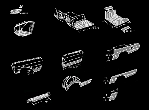 Line drawing of automotive body panels for a vehicle, arranged on a black background.