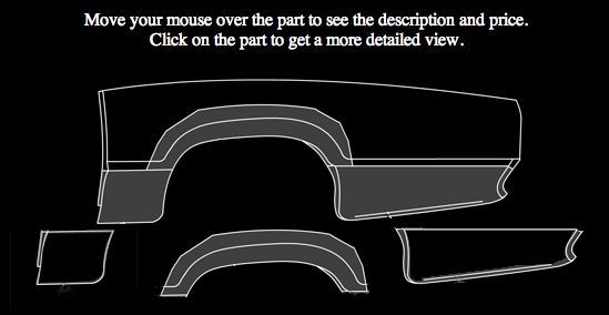 Diagram of car fender parts with instructions to view descriptions and prices.