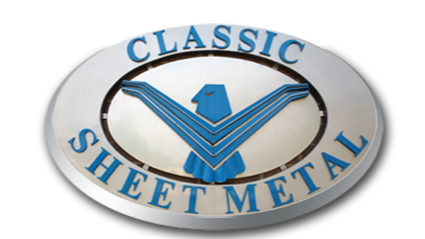 Classic Sheet Metal logo: blue eagle in a chrome oval, with