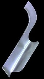Metal car body panel, curved with a wave design, against a black background.