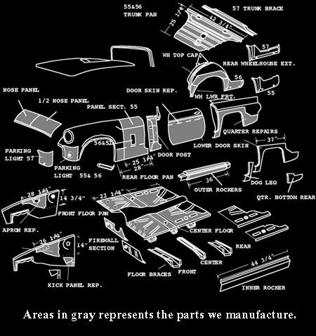 Exploded diagram of car body parts, gray areas indicate manufactured parts.