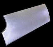 Metal car body panel, silver, curved with cutaway section, isolated on black.