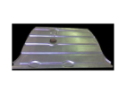 A metal car panel with horizontal indentations and holes, on a black background.