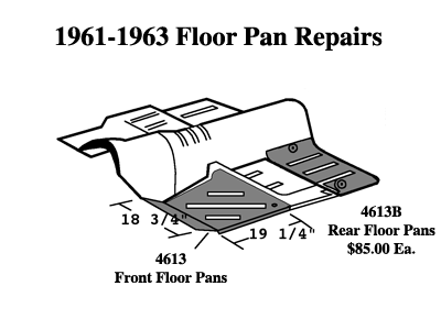 Diagram showing front and rear floor pan repair parts for 1961-1963 vehicles, with dimensions and pricing.