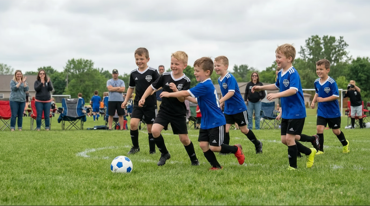 Children in blue and black soccer uniforms chase a ball on a grass field while spectators watch from the sidelines.
