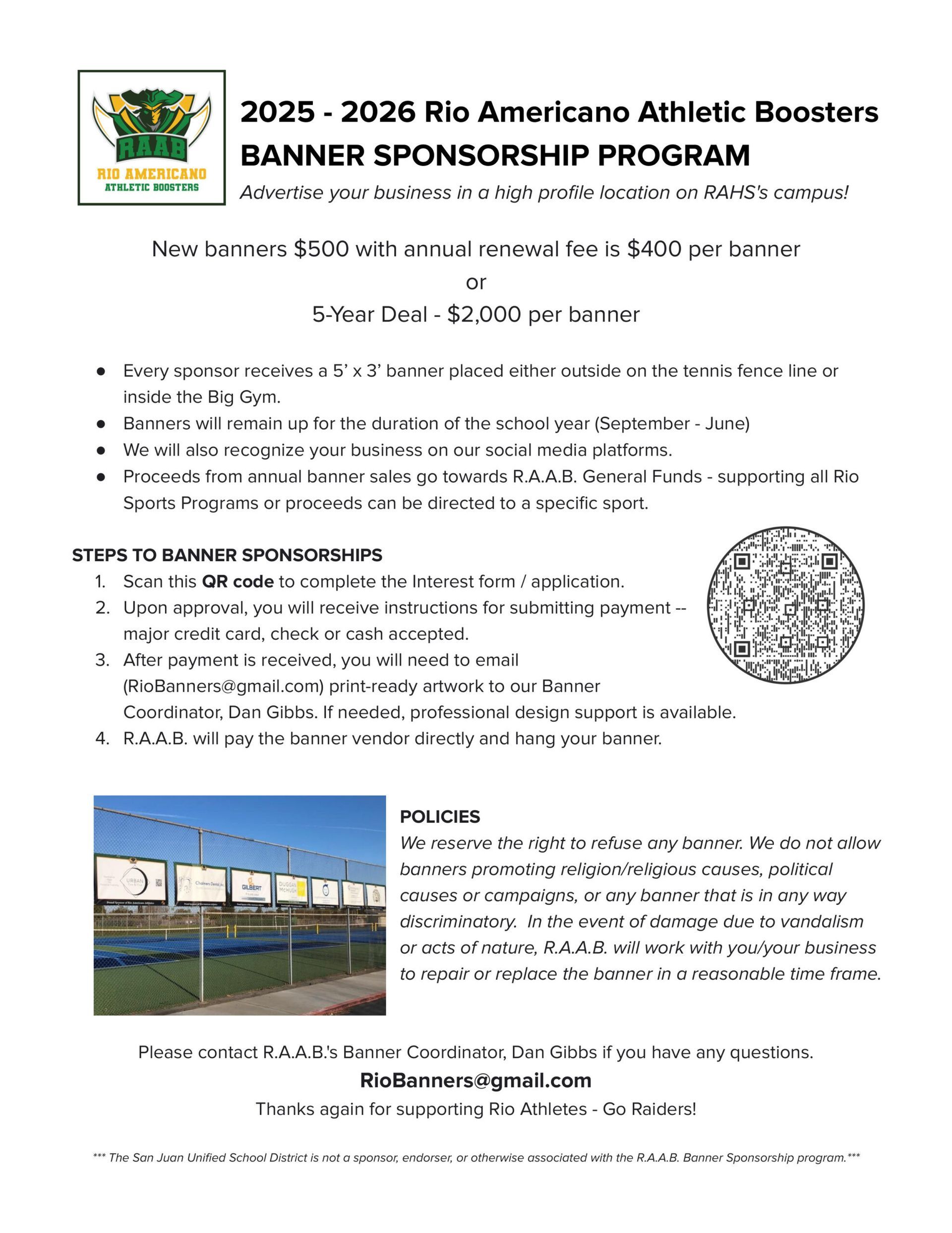 Flyer for the 2025-2026 Rio Americano Athletic Boosters banner sponsorship program with pricing, steps, and contact info.