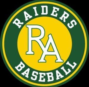 Circular Raiders Baseball logo with white text on a green background surrounding a yellow center with white 