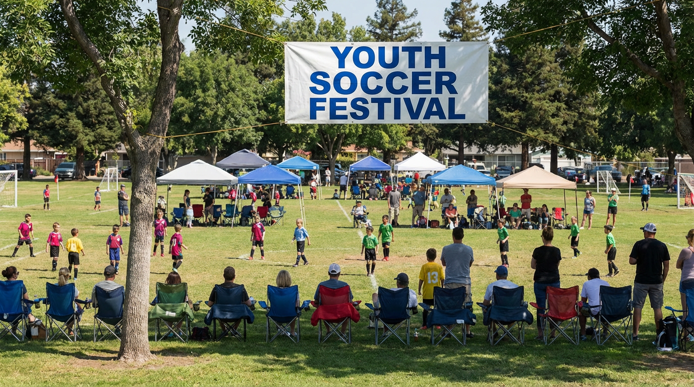 A soccer festival on a grassy field with children playing and spectators in chairs under pop-up tents.