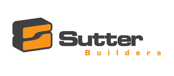 The logo for Sutter Builders features a stylized orange-and-grey block icon next to the company name in black and orange.