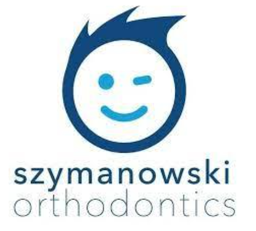 Logo for Szymanowski Orthodontics featuring a blue winking face icon above the company name.