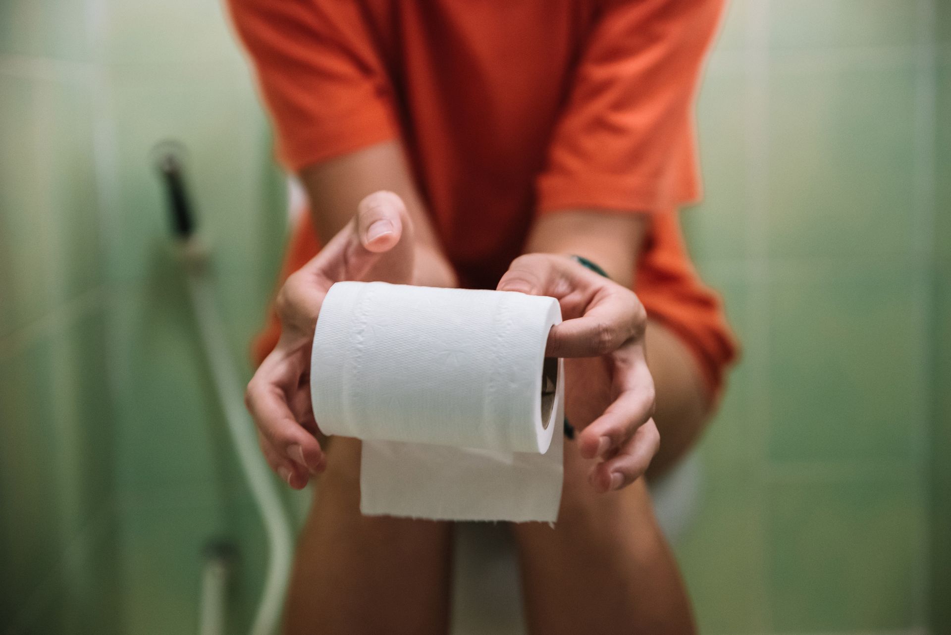 Person seated on toilet holding a roll of white toilet paper in a green bathroom. Person seated on toilet holding a roll of white toilet paper in a green bathroom.