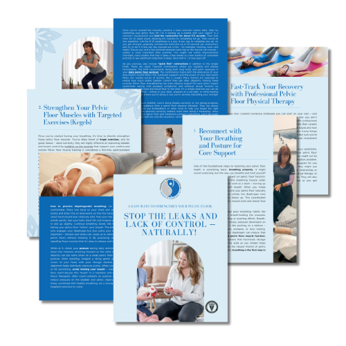 Informative brochures about pelvic floor health, featuring photos of exercises and women. Informative brochures about pelvic floor health, featuring photos of exercises and women.