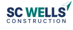 A blue and white logo for sc wells construction