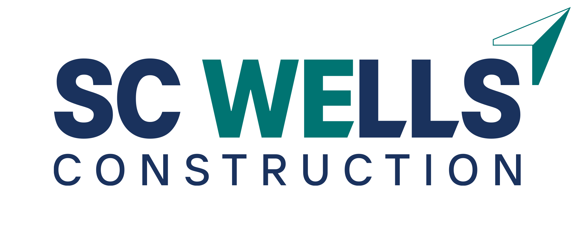 A blue and white logo for sc wells construction