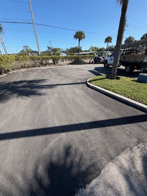 Sunny residential street with parked vehicles, palm trees, and a curved asphalt road under a clear blue sky