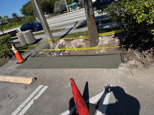 Cones and caution tape around a fresh concrete sidewalk patch beside a tree-lined street