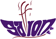 A purple stylized logo featuring the word "saffron" shaped like a boat, with steam rising and small saffron flower accents.
