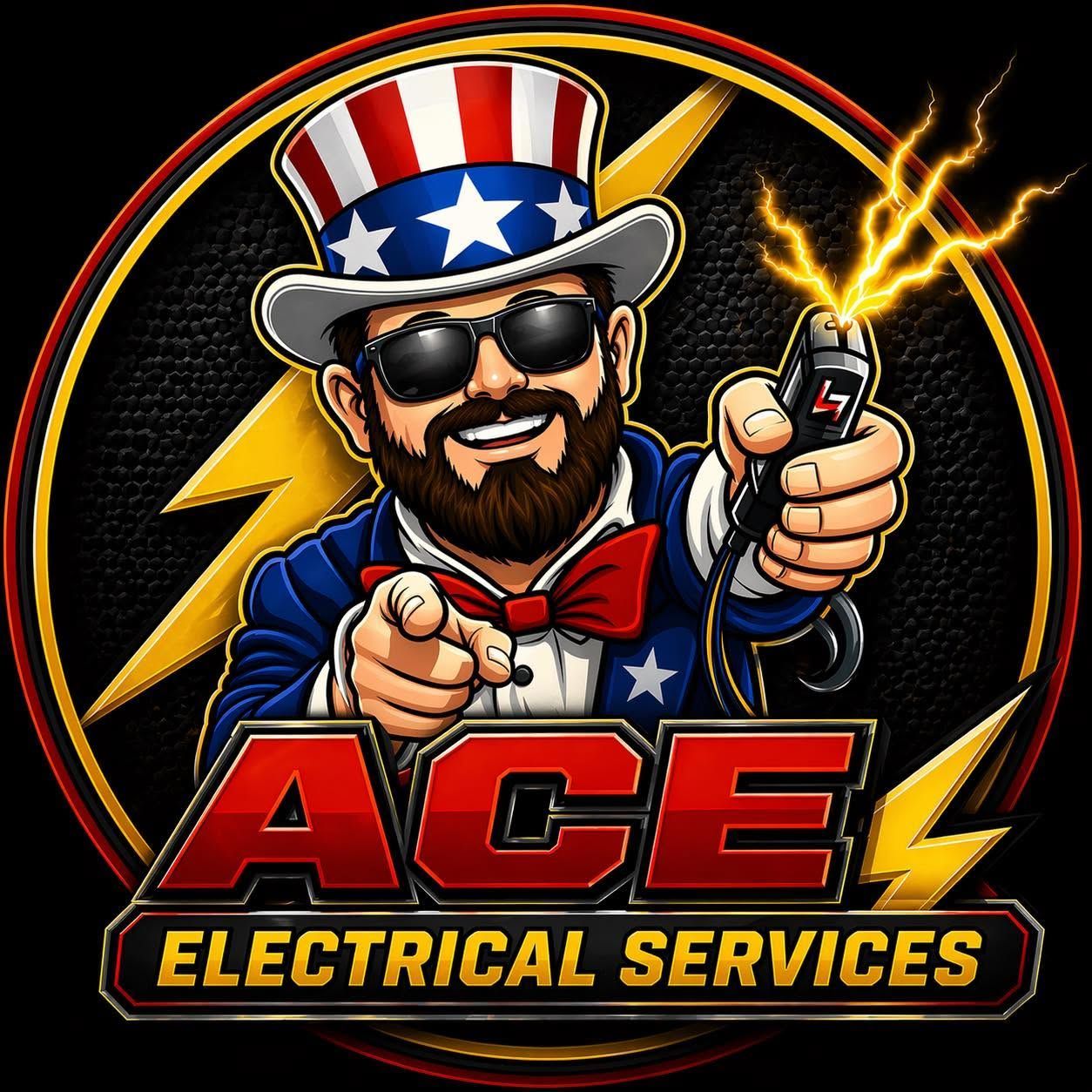 Logo of Ace Electrical Services with a bearded electrician in a patriotic hat holding a live wire