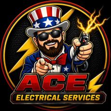 Logo of Ace Electrical Services with a bearded electrician in a patriotic hat holding a live wire