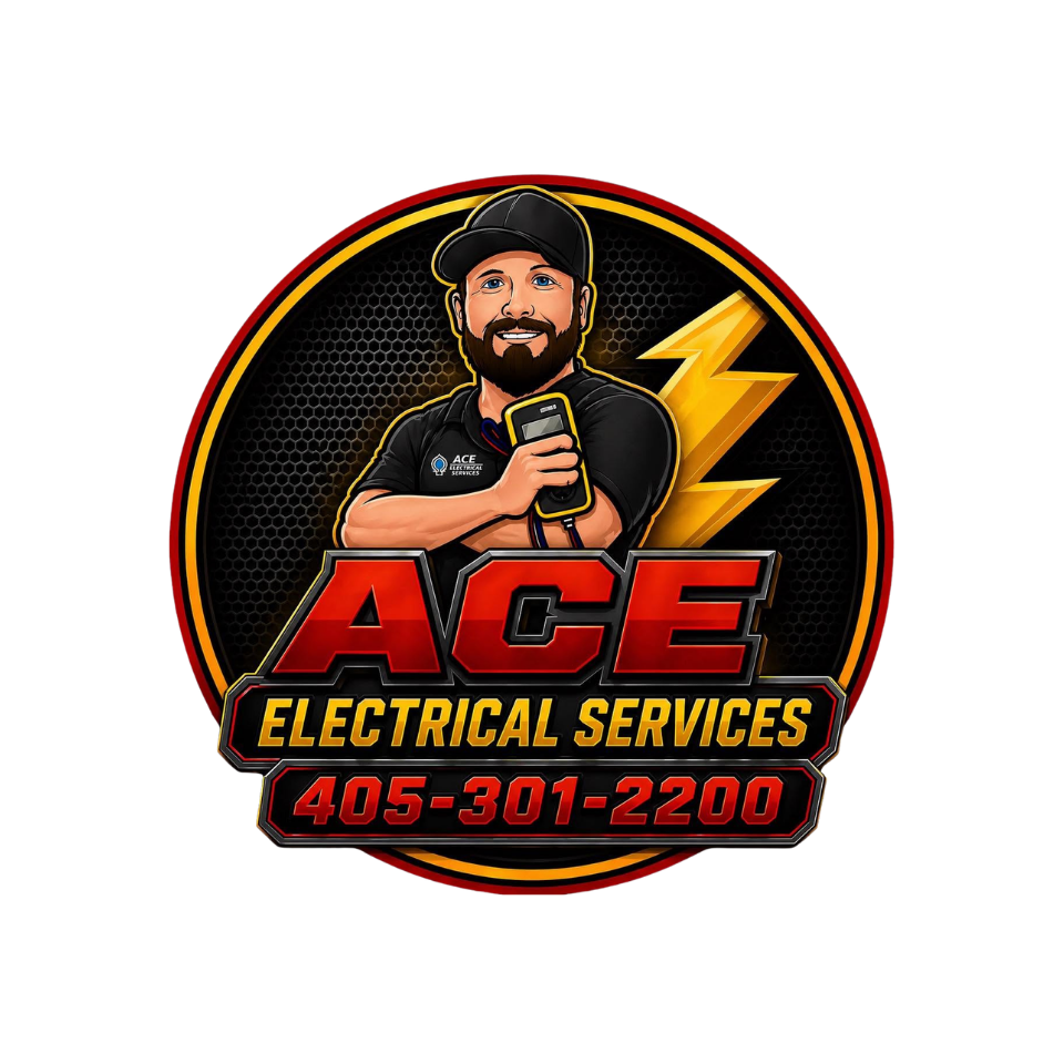 ACE Electrical Services logo with cartoon electrician, red and yellow text, and phone number 405-301-2200