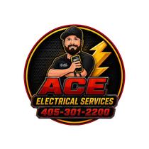ACE Electrical Services logo with cartoon electrician, red and yellow text, and phone number 405-301-2200