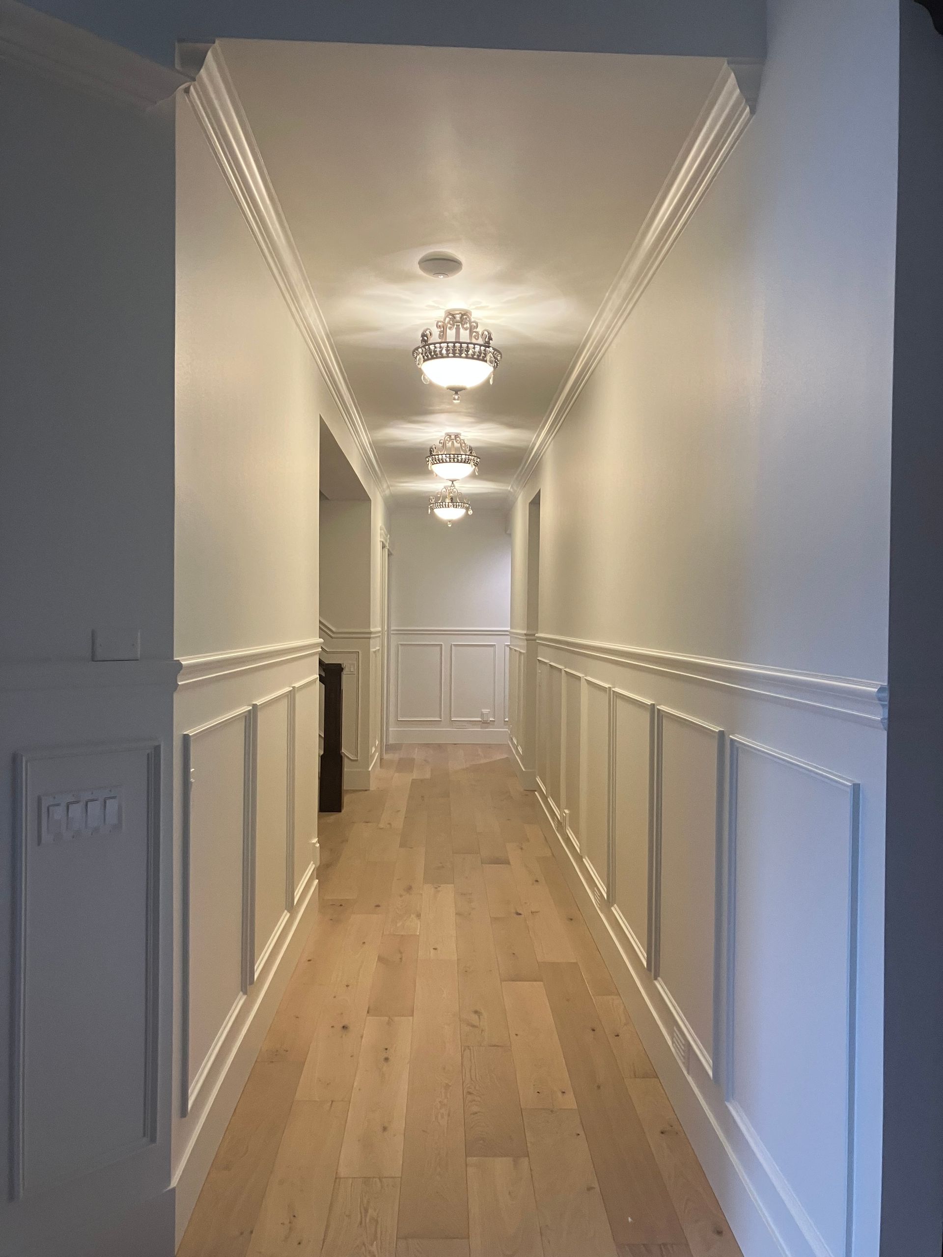 Bright hallway with white wainscoting, wood floor, and ceiling lights leading to a closed door.