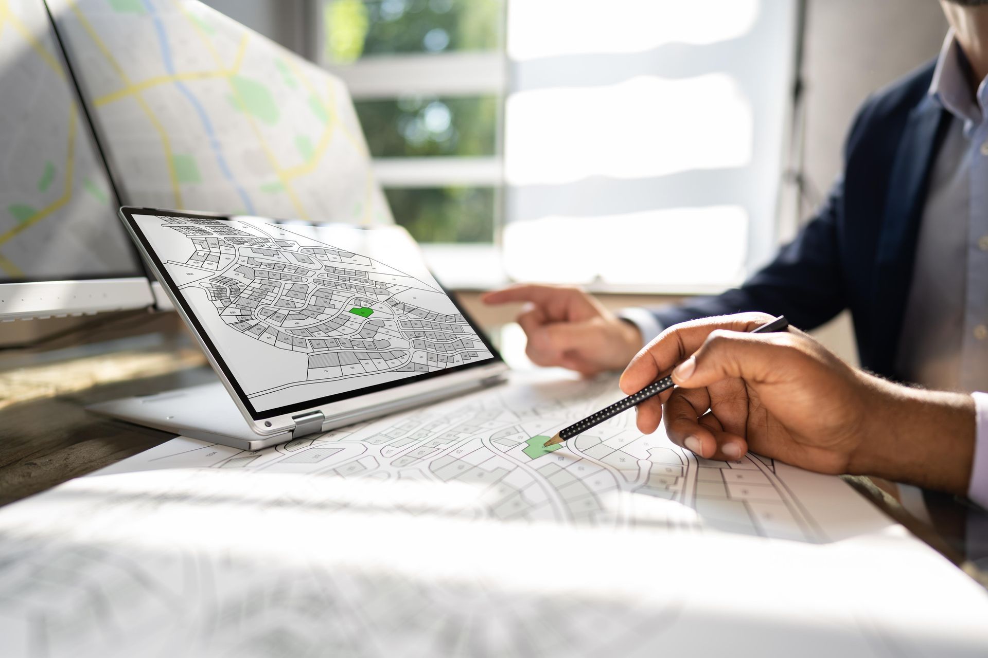 Person examining a map on a laptop and paper documents.