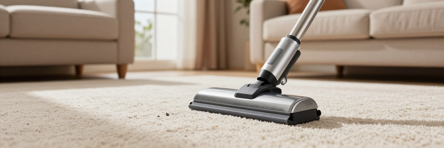 Vacuum cleaner head on a beige carpet in a living room