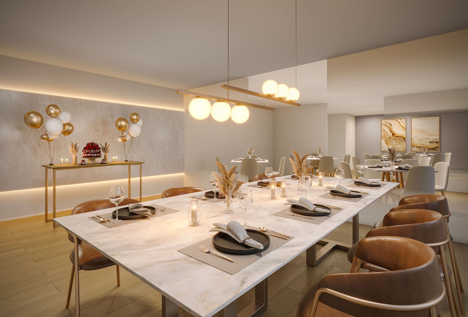 Sala de jantar elegante, preparada para uma festa, com uma mesa comprida, detalhes dourados, balões e lugares marcados.
