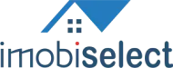 Um &iacute;cone azul em forma de telhado, representando uma casa, acima do texto azul "imobiselect", com um pequeno ponto vermelho acima da letra "i".