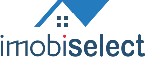 Um &iacute;cone azul em forma de telhado, representando uma casa, acima do texto azul "imobiselect", com um pequeno ponto vermelho acima da letra "i".