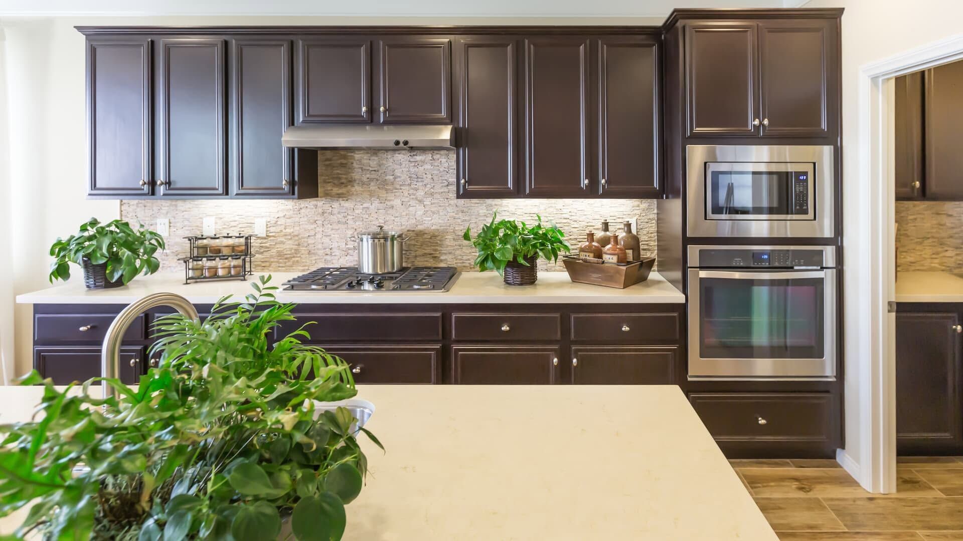 Modern kitchen with dark cabinets, stainless steel appliances, beige island, and green plants on the counter