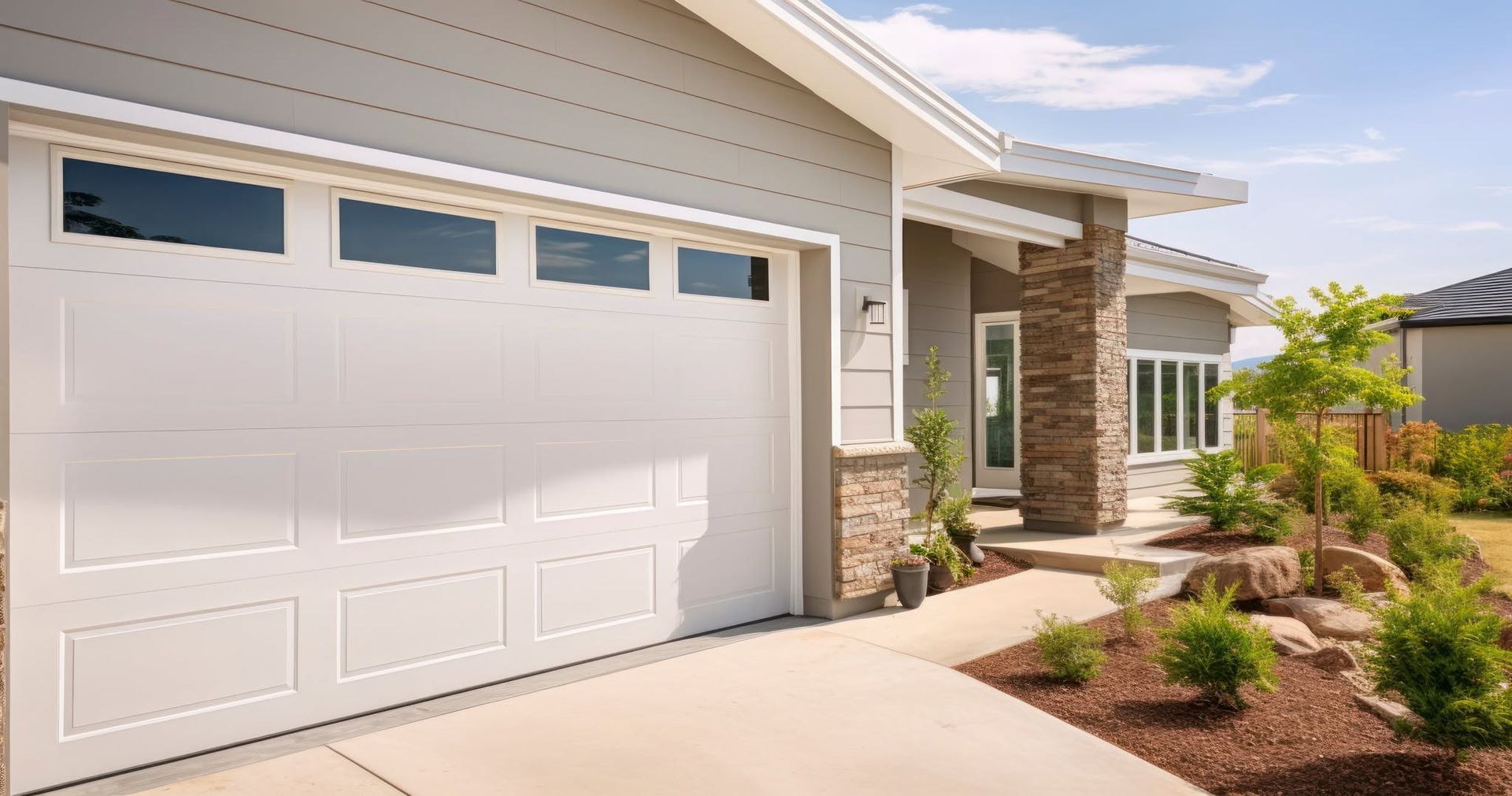 Suburban house exterior with white garage door, stone entryway, and desert landscaping in bright sun