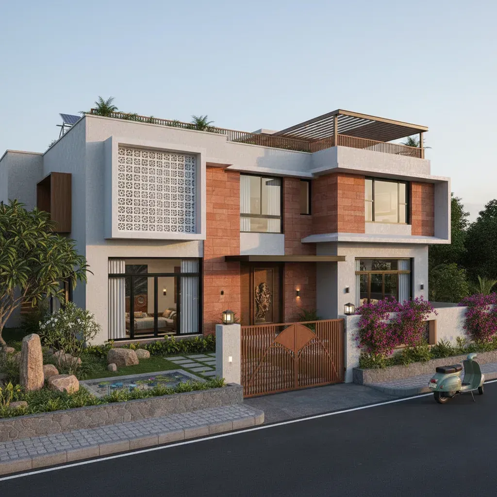 Modern two-story house with brick and white facade, gated front yard, and a scooter on the street