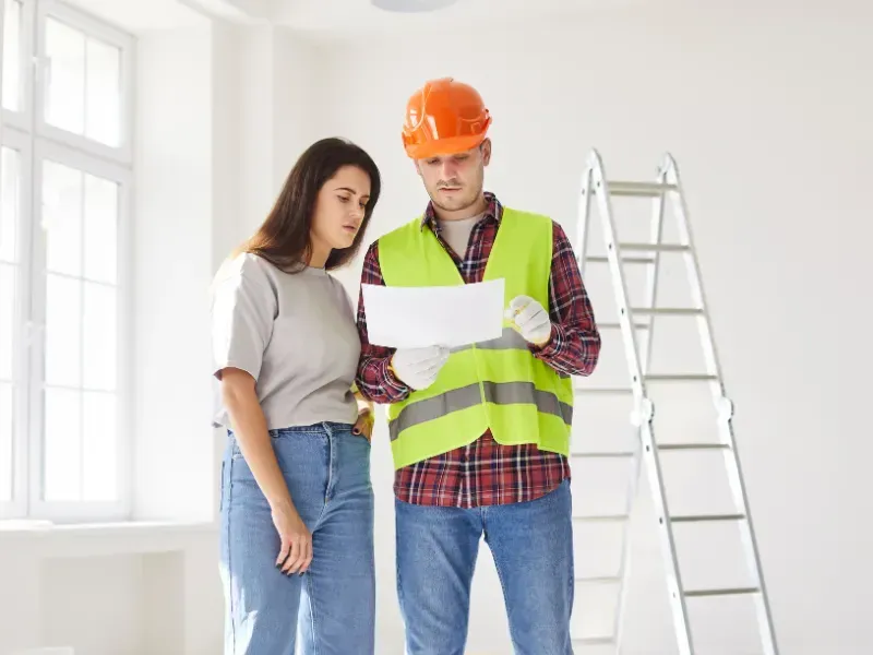 Two workers in a bright room reviewing plans, with a ladder in the background.