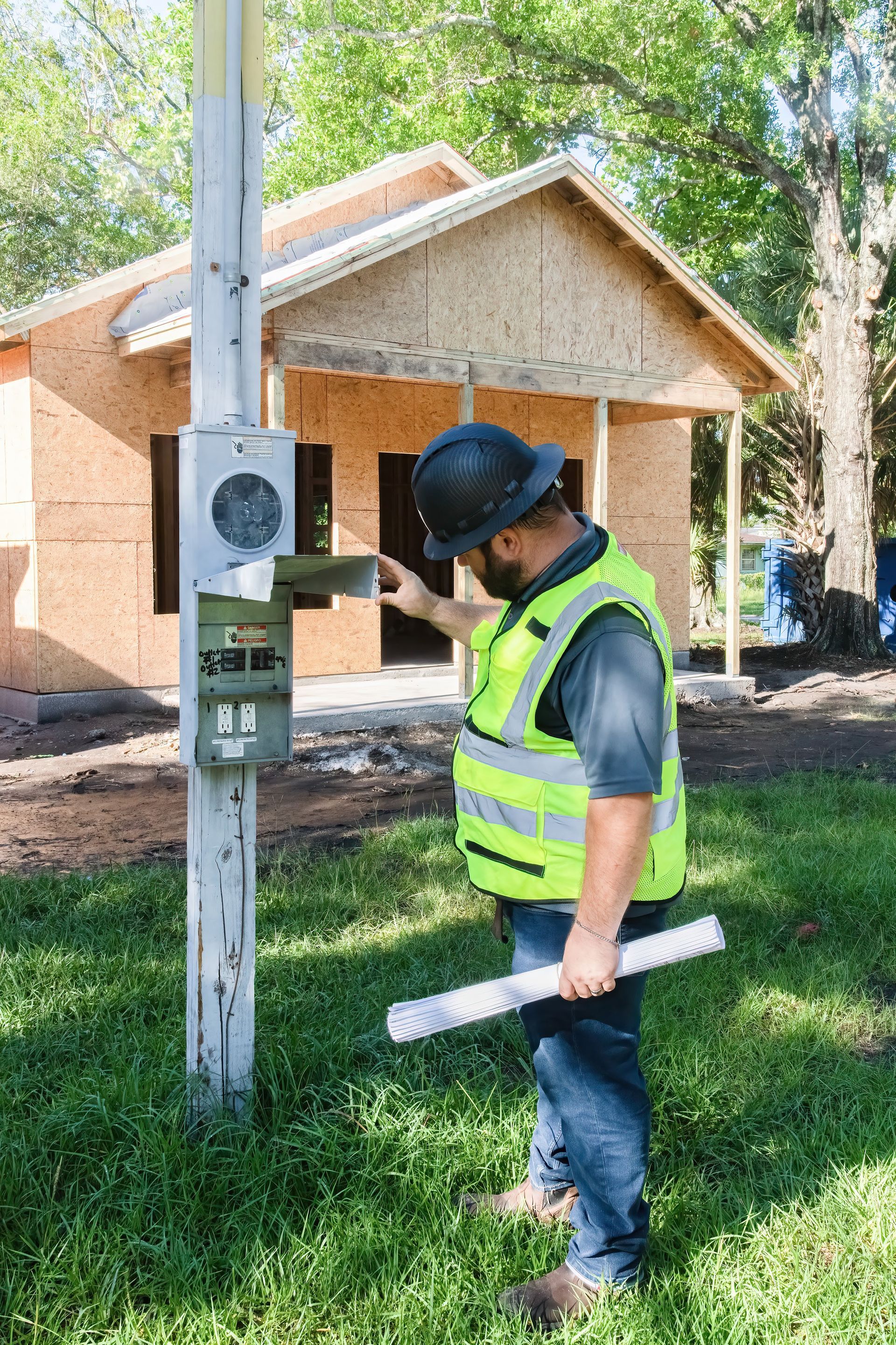 Worker in a safety vest inspecting an electrical meter on a utility pole beside a house