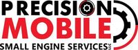 Precision Mobile Small Engine Services logo with black and red text and a gear icon