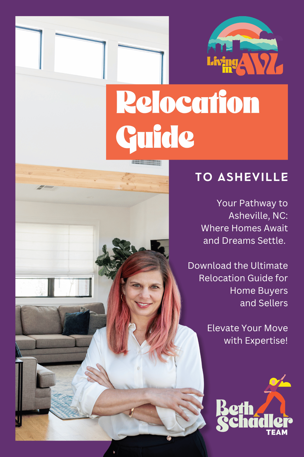 Relocation guide cover with woman smiling in a bright room and text about relocating to Asheville