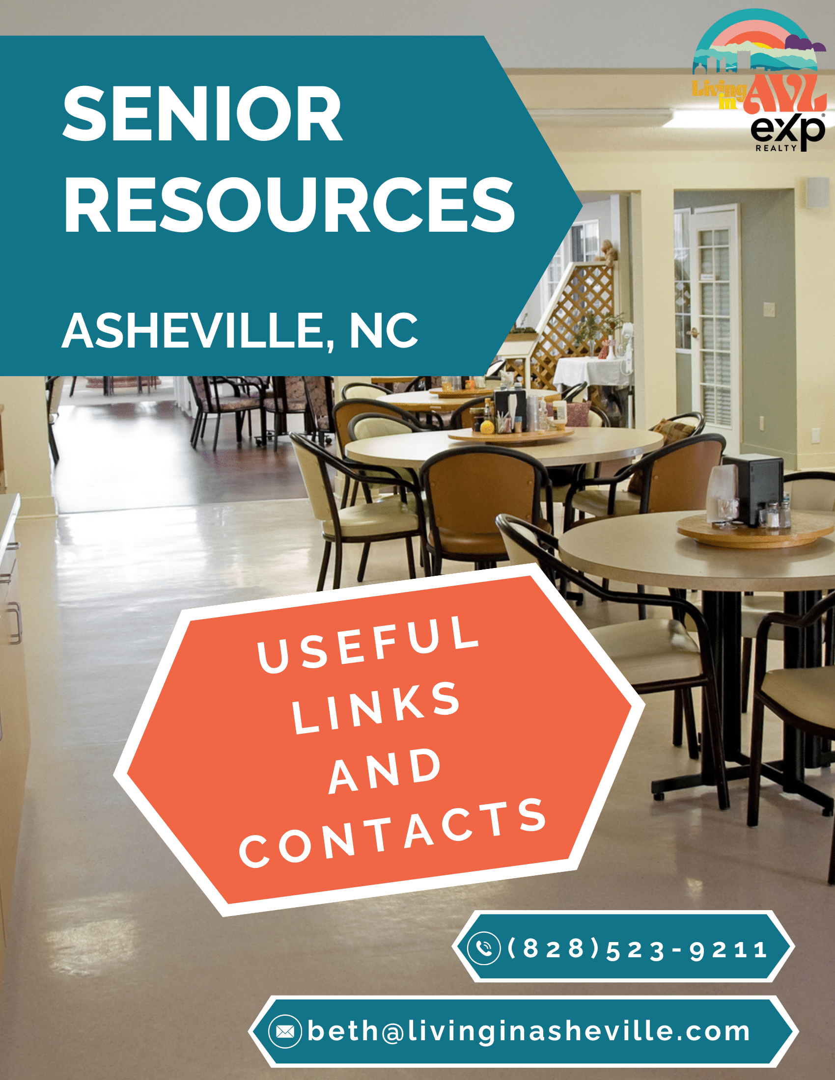 Senior Resources Asheville, NC flyer with useful links and contacts over a dining hall photo