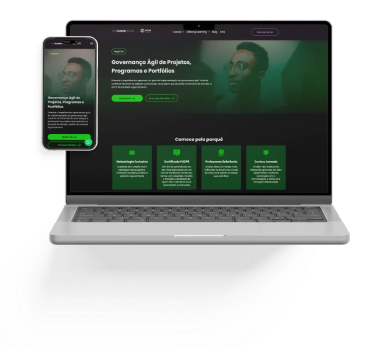 Um laptop com um site e um celular ao lado.