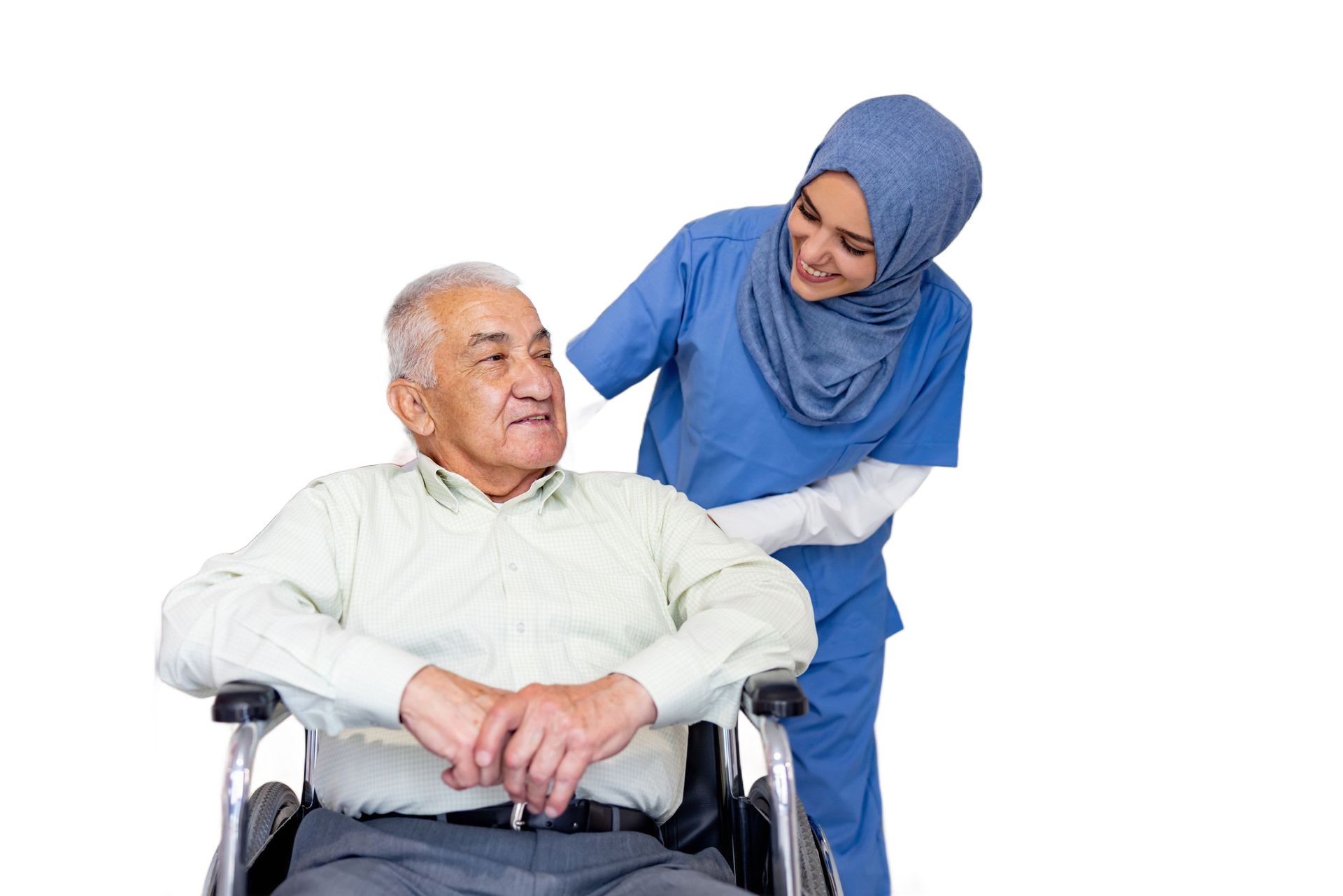 Nurse assisting elderly woman walking, smiling. Indoor setting.