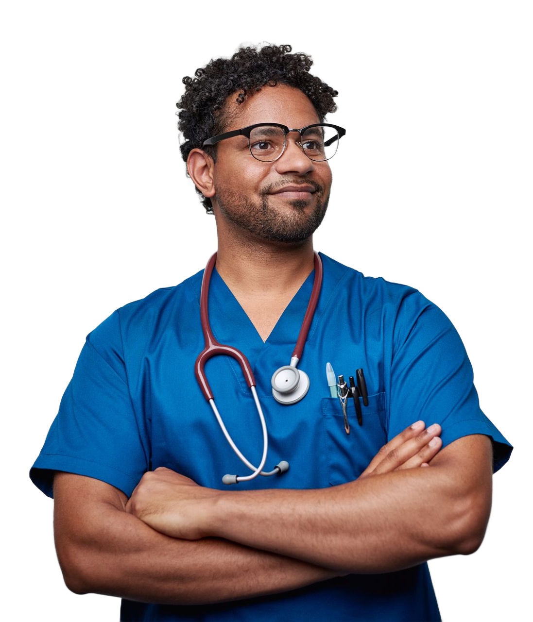 Female doctor smiling, making a heart shape with hands. Wearing a white coat and stethoscope.