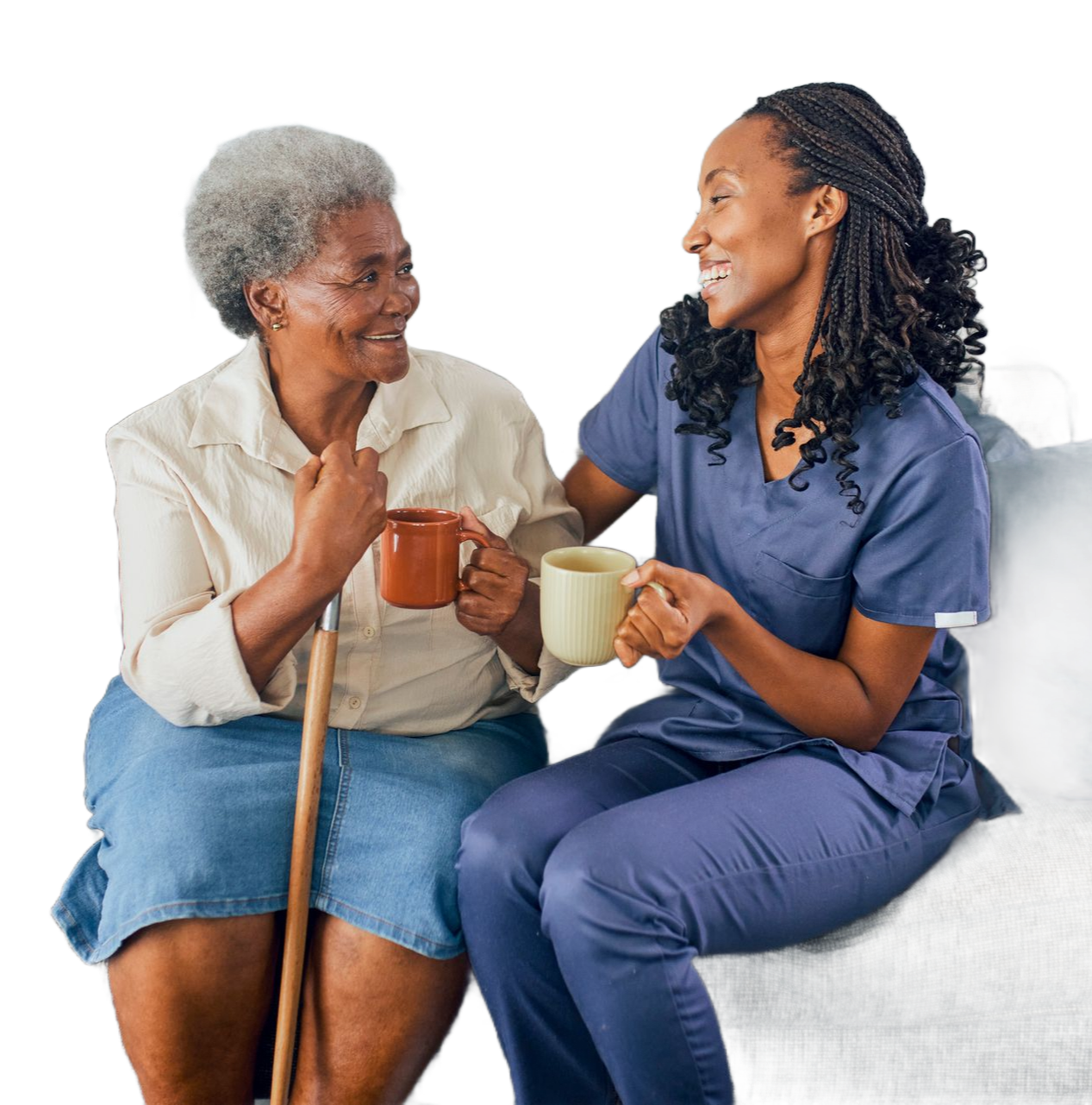 Woman assisting elderly woman with walking. Woman assisting elderly woman with walking.